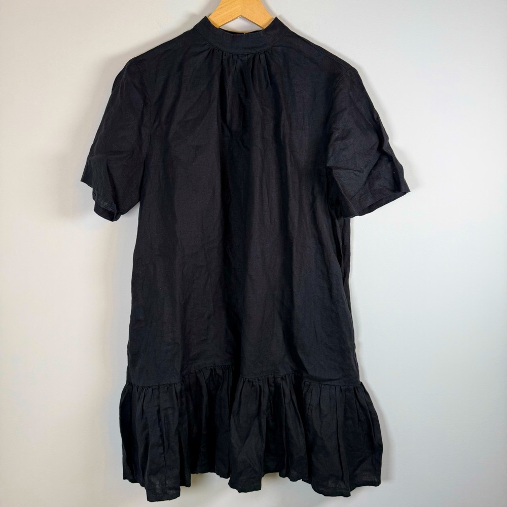 Aere 100% Linen Lagenlook Peplum Ruffle Tiered Short Sleeve‎ Mini Dress Black 8